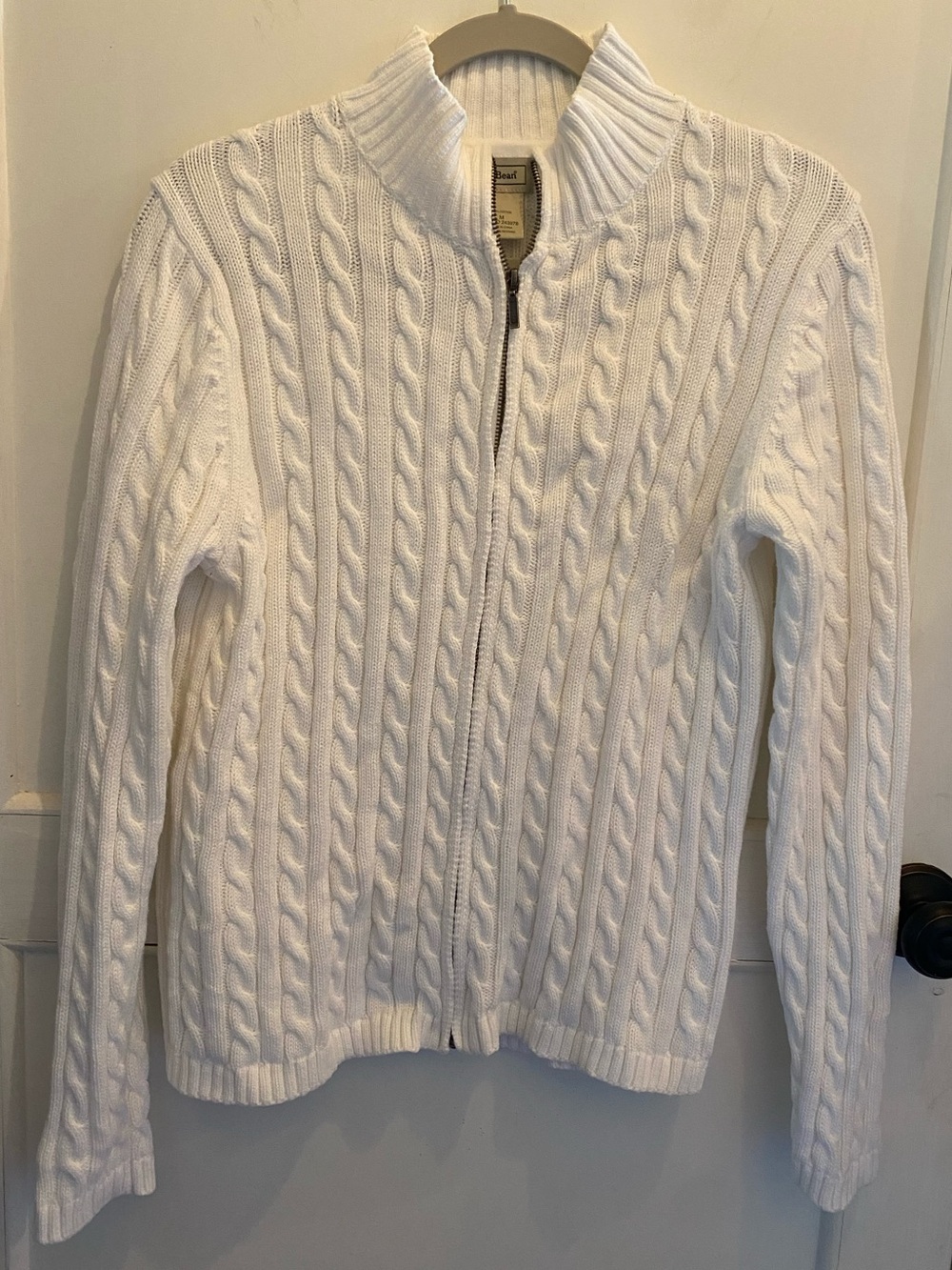 L.L. Bean Women’s White Cable-Knit Full Zip Cardigan Sweater
